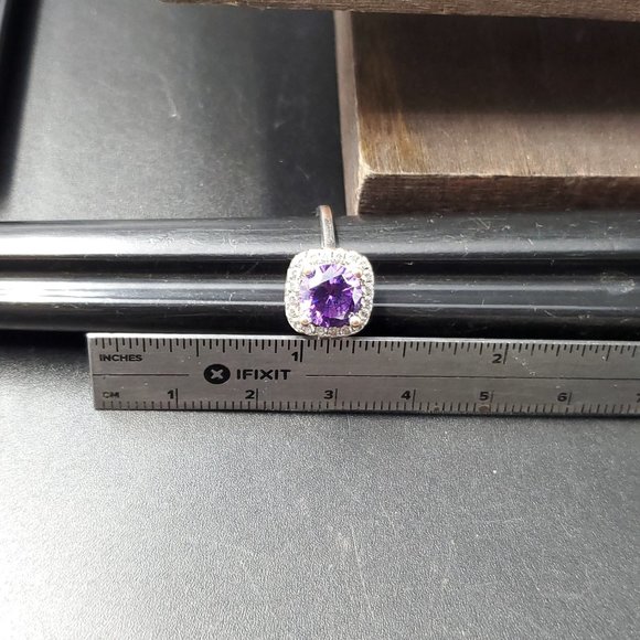 Size 5.5 Silver & Copper Tone Purple Round Cubic Zirconia Halo Ring - Picture 6 of 7